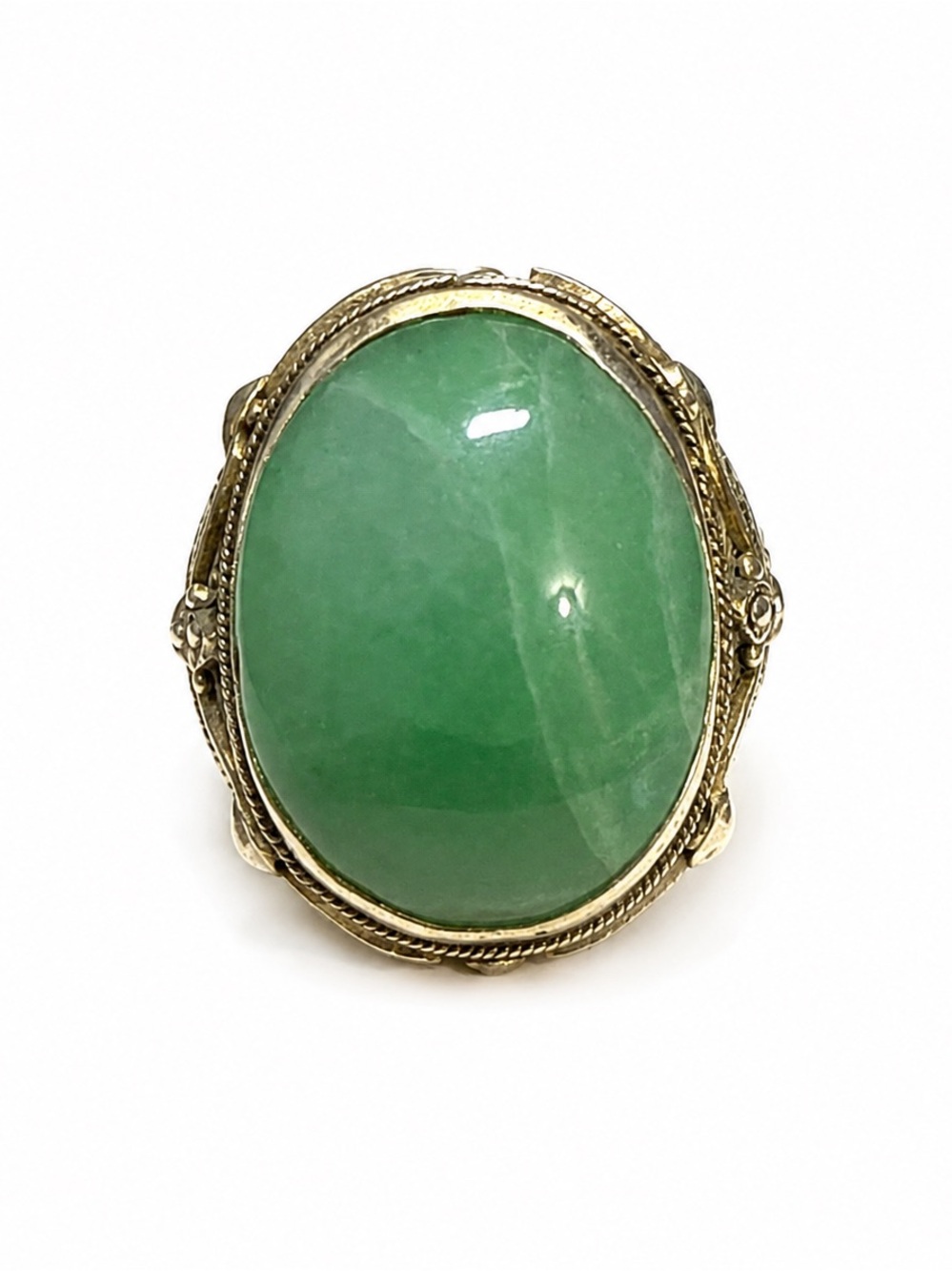 Antique Jadeite Silver Ring Green Jade Filigree Statement 8.21g